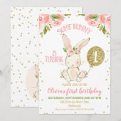 Floral Pink and Gold Bunny 1st Birthday Kaart (Voorkant / Achterkant)
