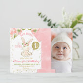 Floral Pink and Gold Photo Bunny 1st Birthday Kaart (Staand voorkant)
