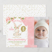 Floral Pink and Gold Photo Bunny 1st Birthday Kaart (Voorkant / Achterkant)