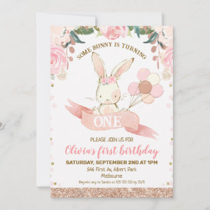 Floral Pink and Roos Gold Bunny 1st Birthday Kaart