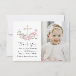 Floral Pink Baptism Cross Thank you Photo Card Bedankkaart