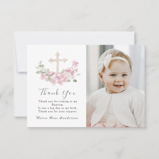 Floral Pink Baptism Cross Thank you Photo Card Bedankkaart (Voorkant)