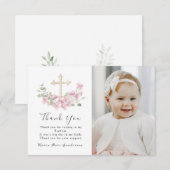 Floral Pink Baptism Cross Thank you Photo Card Bedankkaart (Voorkant / Achterkant)