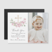 Floral Pink Baptism Cross Thank you Photo Magnet (Voorkant / Achterkant)