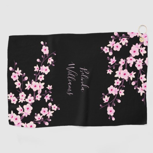 Floral Pink Black Cherry Blossom Monogram Golfhanddoek (Horizontaal)