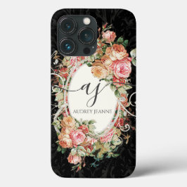 Floral Pink Black Elegant  Monogram Script Case-Mate iPhone Case