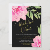 Floral Pink Black Gold Modern Chic Roos Wedding Kaart (Voorkant)
