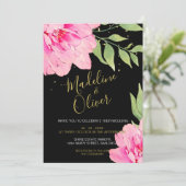 Floral Pink Black Gold Modern Chic Roos Wedding Kaart (Staand voorkant)