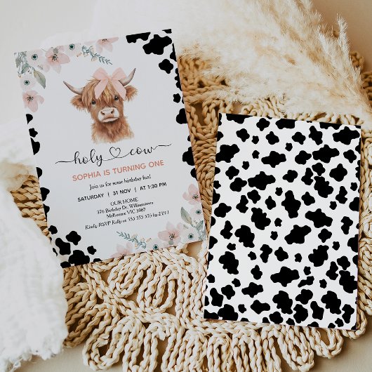 Floral Pink Black Highland Cow Holy Cow Birthday Kaart