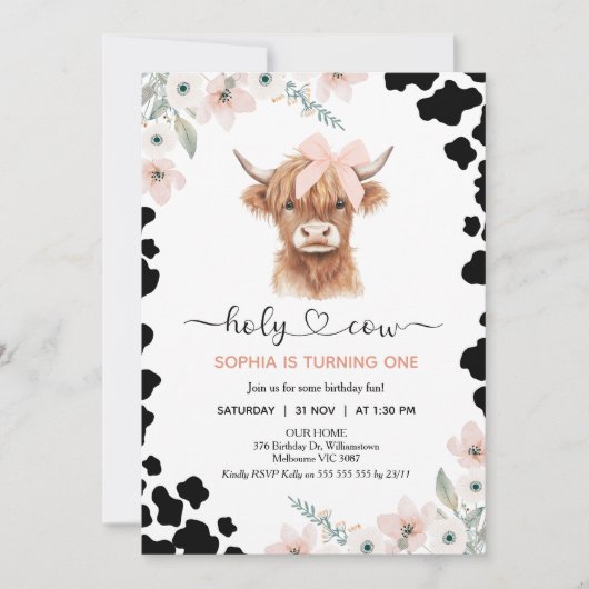 Floral Pink Black Highland Cow Holy Cow Birthday Kaart (Voorkant)