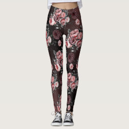 Floral Pink Black Paars  Roos Patroon Leggings