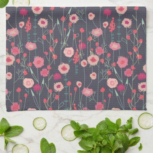 Floral Pink Black Pattern Theedoek (Gevouwen)