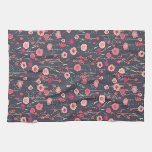 Floral Pink Black Pattern Theedoek (Horizontaal)