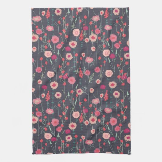 Floral Pink Black Pattern Theedoek (Verticaal)