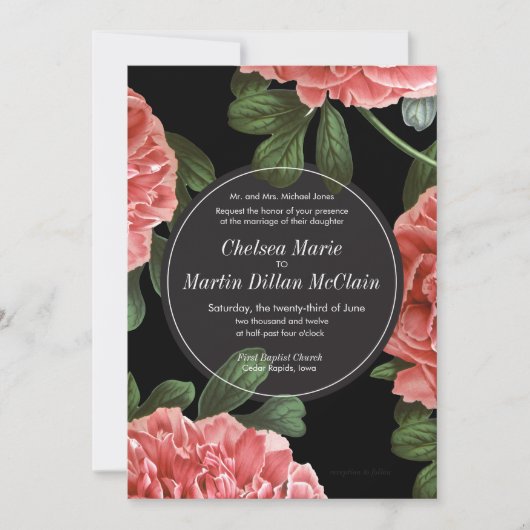 Floral Pink Black & White Wedding Invite Kaart (Voorkant)