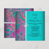 Floral Pink Blauwgroen Blue White Birthday Party Kaart (Voorkant / Achterkant)