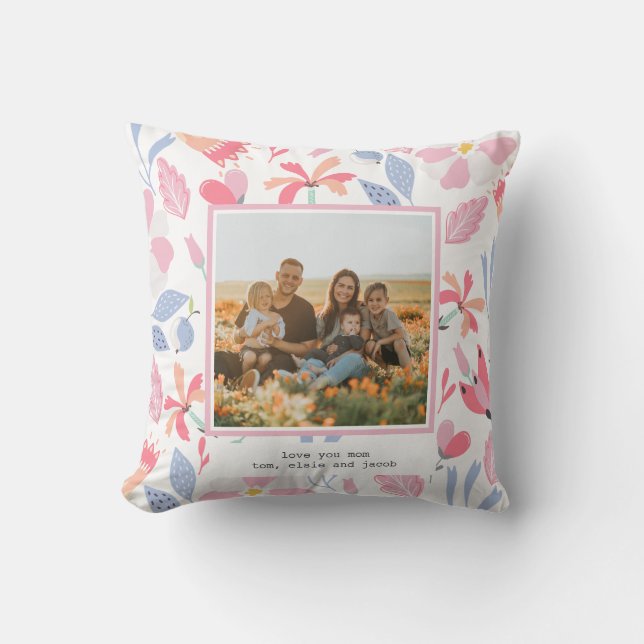 Floral Pink Blue Custom Photo Cute Gift voor mam Kussen (Voorkant)