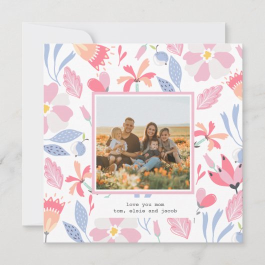 Floral Pink Blue Custom Photo Cute Moederdag Notitiekaartje (Voorkant)
