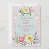  Floral Pink Blue First Birthday Kaart (Voorkant)