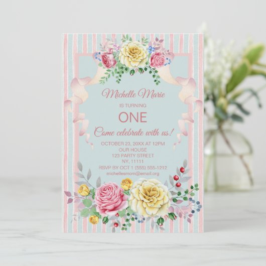  Floral Pink Blue First Birthday Kaart (Staand voorkant)