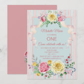  Floral Pink Blue First Birthday Kaart (Voorkant / Achterkant)