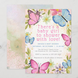 Floral Pink/Blue/Gold Butterflies Girl Baby shower Kaart