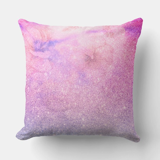 *~* Floral Pink Blue Paarse Waterverf Glitter Kussen (Voorkant)