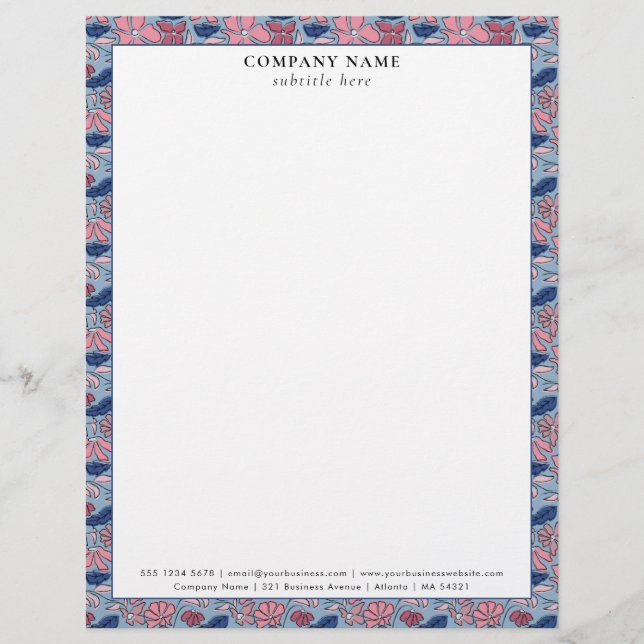 Floral Pink Blue Pattern Company Name Details Briefhoofd (Voorkant)