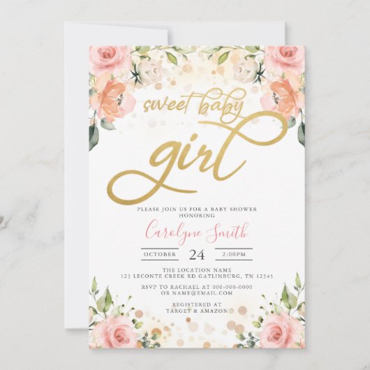 Floral Pink Blush Baby shower Invitation Girl Kaart (Voorkant)