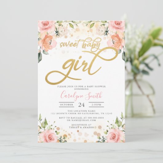 Floral Pink Blush Baby shower Invitation Girl Kaart (Staand voorkant)