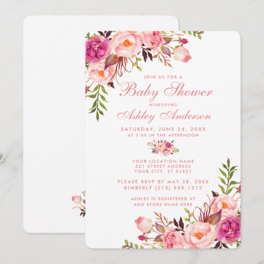 Floral Pink Blush Baby shower Uitnodiging R (Voorkant / Achterkant)