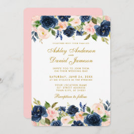 Floral Pink Blush Blue Elegant Gold Wedding R Kaart