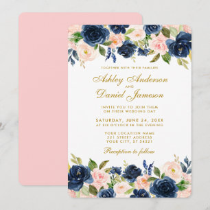 Floral Pink Blush Blue Elegant Gold Wedding R Kaart