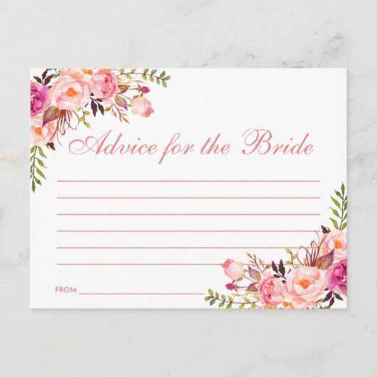Floral Pink Blush Bridal Shower Advice Card L Briefkaart (Voorkant)