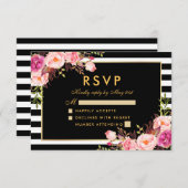 Floral Pink Blush Gold Black RSVP Weddenschap (Voorkant / Achterkant)