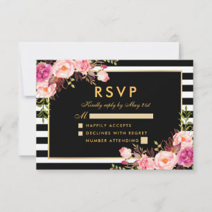 Floral Pink Blush Gold Black RSVP Weddenschap Kaartje