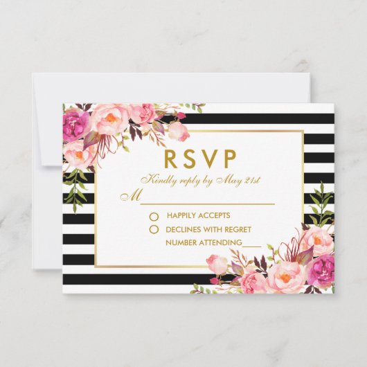 Floral Pink Blush Gold Black Stripes RSVP Weddensc (Voorkant)