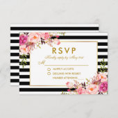 Floral Pink Blush Gold Black Stripes RSVP Weddensc (Voorkant / Achterkant)