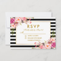 Floral Pink Blush Gold Black Stripes RSVP Weddensc