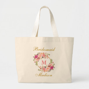 Floral Pink Blush Gold Monogram Bridesmaid Grote Tote Bag