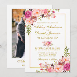Floral Pink Blush Gold Photo Weddenschap Kaart