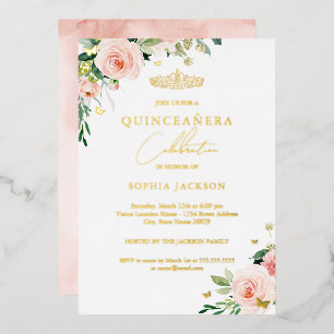 Floral Pink Blush Gold Quinceanera Folie Uitnodiging