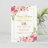 Floral Pink Blush Gold Sweet 16 Birthday Invite Kaart (Staand voorkant)