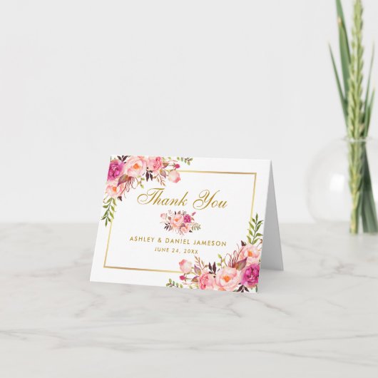 Floral Pink Blush Gold Wedding Bedankt Note (Voorkant)
