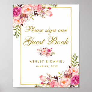 Floral Pink Blush Gold Wedding Guest Book Poster