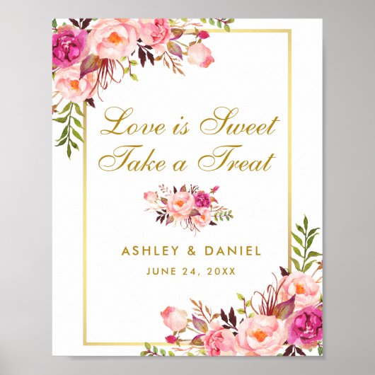 Floral Pink Blush Gold Wedding Treat Poster (Voorkant)