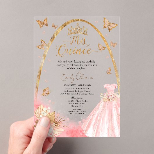 Floral Pink Blush Gown Quinceanera Acryl Uitnodigingen (Insitu (Draagbaar))