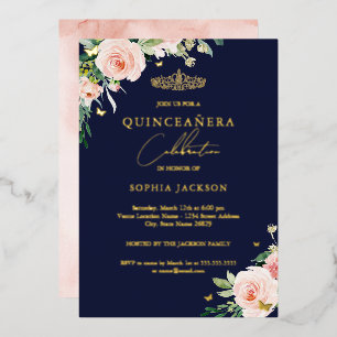 Floral Pink Blush Navy Quinceanera Birthday Folie Uitnodiging