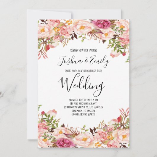 Floral Pink Blush Peony Wedding Invitation Kaart (Voorkant)