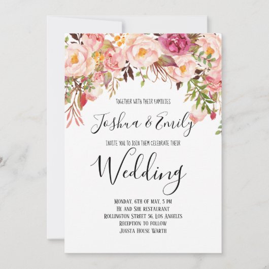 Floral Pink Blush Peony Wedding Invitation Kaart (Voorkant)